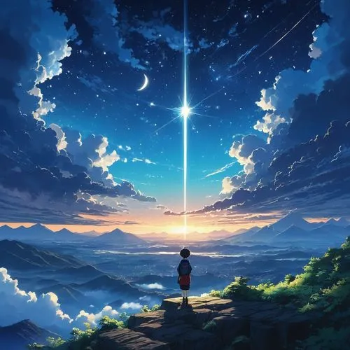 heavenward,cielo,celestial phenomenon,sky,star sky,celestial,skyray,moon and star background,horizons,dreamscape,fantasia,jablonsky,somnus,falling star,starbright,astral traveler,the pillar of light,dream world,ascend,horizon,Illustration,Japanese style,Japanese Style 14