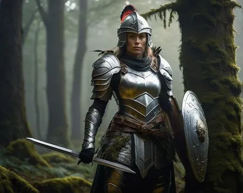 DnD character, female warrior, muscular arms, silver armor, helmet with feather crest, sword at hip, shield with emblem, standing hero pose, misty forest background, ancient trees, vines, moss, warm s