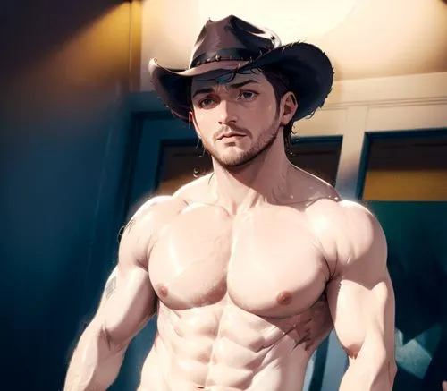 Tom Hardy, shirtless,armpit hair, cowboy,a very close up view of a man in a cowboy hat,mccree,filoni,cowboy,mcree,cow boy,pardner,Anime,Anime,General