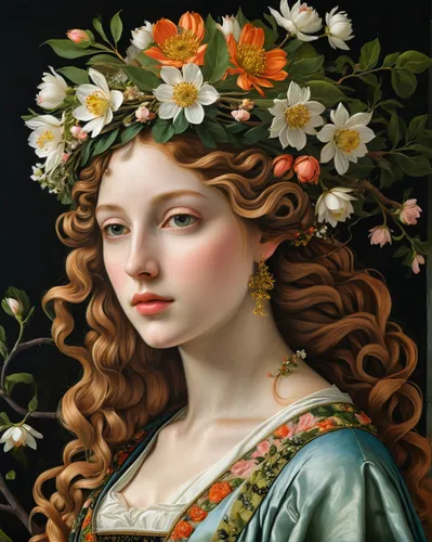 girl in a wreath,girl in flowers,wreath of flowers,spring crown,floral wreath,blooming wreath,flora,marguerite,flower crown,botticelli,laurel wreath,portrait of a girl,flower girl,jessamine,flower crown of christ,flower hat,rose wreath,beautiful girl with flowers,flower wreath,angelica,Art,Classical Oil Painting,Classical Oil Painting 25