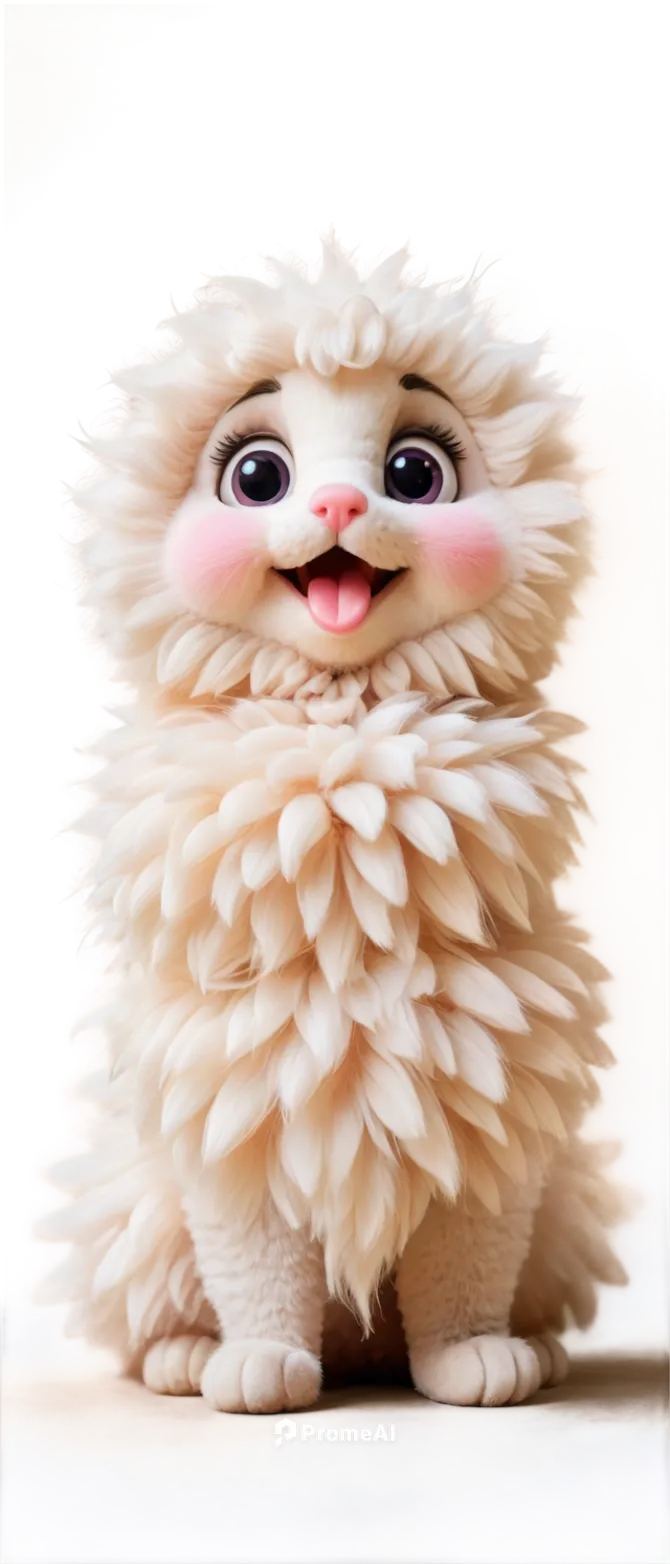 Woolly worm, cartoon style, cute expression, big round eyes, fluffy white fur, pink nose, tiny mouth, curly tail, sitting pose, front view, soft focus, warm lighting, pastel color tone, 3/4 compositio