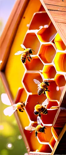 Hexagonal honeycomb cells, busy bees flying around, wooden hive box, natural wood texture, warm sunlight, shallow depth of field, soft focus, detailed bee wings, golden honey dripping, 3/4 composition