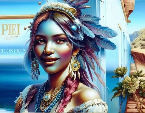 the illustration depicts an ethnic woman standing near the ocean,tropico,atlantica,black pearl,phoenician,pirata,amphitrite,Illustration,Realistic Fantasy,Realistic Fantasy 15