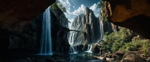 a waterfall seen through a cave,waterval,al siq canyon,water fall,bernales,water falls,waterfall