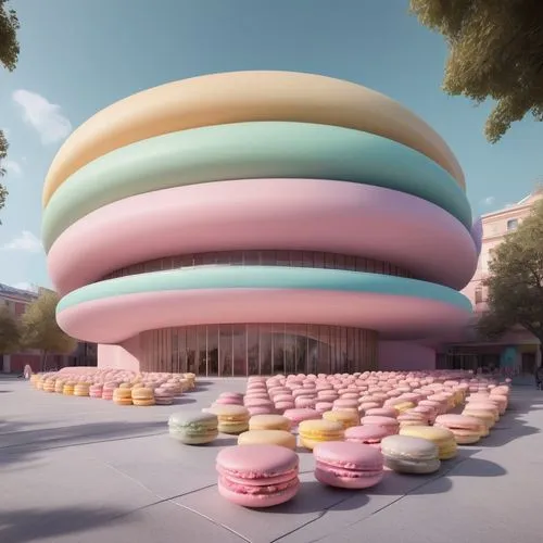 theater building where the seating and exterior facade mimic layers of macarons, with different sections featuring pastel colors. The rounded shapes and smooth surfaces resemble the curves of the swee