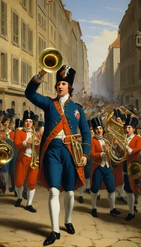 During a festive parade, a trumpeter leads the brass band, filling the streets with celebration.,trumpet folyondár,military band,cavalry trumpet,trumpet,trumpeter,trumpet player,vintage ilistration,fl