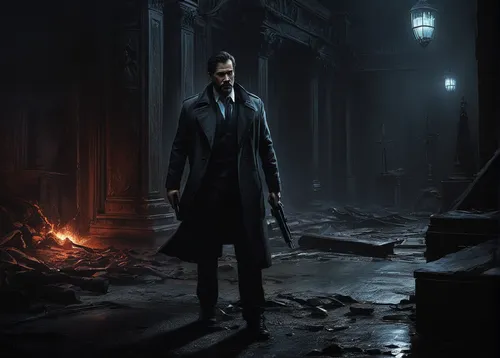 overcoat,black coat,detective,trench coat,sherlock holmes,investigator,holmes,sherlock,long coat,the doctor,wick,frock coat,dark suit,game art,game illustration,old coat,coat,concept art,cg artwork,inspector,Conceptual Art,Fantasy,Fantasy 13