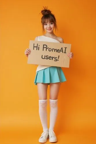 A 21yo petite model girl with light brown hair in a messy bun is holding a cardboard sign that reads \"Hi PromeAI users!),\" wearing a white off-shoulder top, a turqoise (mini skirt), and white thigh-