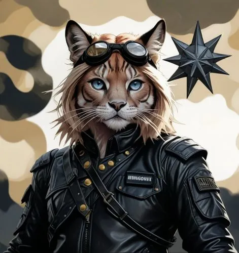 a cat in a black leather jacket has goggles on,gepard,brambleclaw,thunderclan,tigerstar,starclan,fireheart