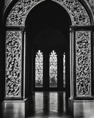 University of architecture, grand entrance, stone columns, Gothic style, intricate carvings, stained glass windows, majestic dome, lush greenery, surrounding trees, autumn leaves, warm afternoon sunli