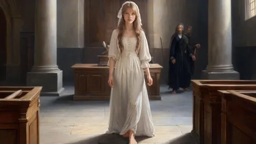 classicism painting: ((female defendant, long dress, barefoot. bare feet, bare toes)), inside 17th century courtroom, standing on stone floor, 2 bare feet with 5 toes showing each,galadriel,margaery,m