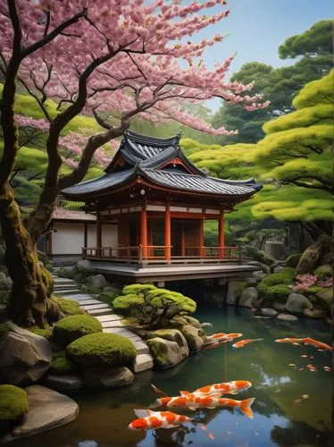 koi pond,japan garden,japanese garden,kyoto,japanese zen garden,japanese sakura background,japanese shrine,japanese art,japanese garden ornament,koi,japan landscape,world digital painting,japan,asian architecture,ryokans,zen garden,ryokan,beautiful japan,sakura background,sakura blossom,Illustration,Realistic Fantasy,Realistic Fantasy 22