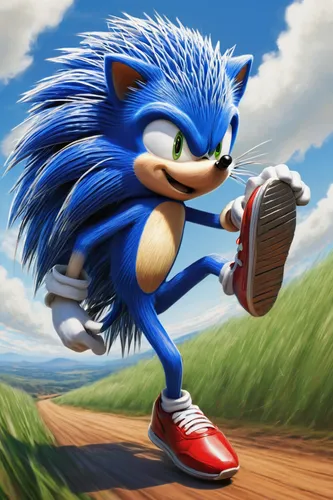 blue hedgehog, Sonic, spin dash pose, dynamic action, red sneakers, white gloves, spikes, motion blur, grassy hill, loop-de-loop background, clear sky, bright sunlight, action shot, vibrant colors, ca