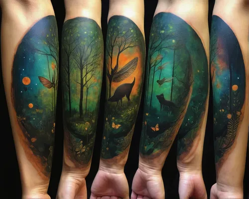 hand painting,body art,bodypainting,body painting,forearm,artistic hand,bodypaint,hand-painted,mushroom landscape,colorful tree of life,fairy forest,cartoon forest,fantasy art,enchanted forest,neon body painting,fireflies,forest animals,tree grove,trees with stitching,woodland animals,Illustration,Abstract Fantasy,Abstract Fantasy 15