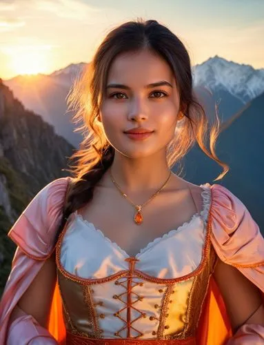 the sky is ablaze with oranges and pinks as a delicate caucasian girl with long, flowing black hair, warm brown eyes, and piercing orange eyes stands tall in the heart of an ancient mountain range. Th