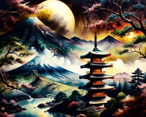 japanese art,japan landscape,japanese background,landscape background,japanese mountains,oriental painting,fantasy landscape,world digital painting,japon,mountain landscape,mountain scene,the japanese tree,mountainous landscape,fantasy picture,oriental,lunar landscape,japans,fantasy art,mid-autumn festival,beautiful japan,Illustration,Paper based,Paper Based 30