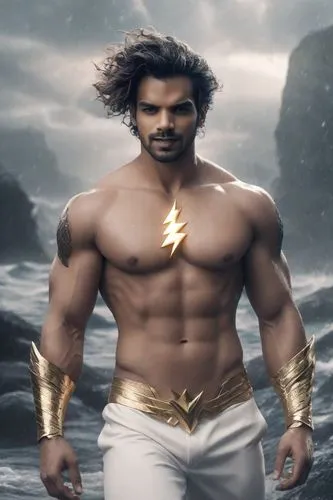 male, villain, ego attitude,white clothes, bare chest, black and lightning theme,man in gold and white costumes with a thunder,bhishma,bahubali,mahabali,atharva,dhritarashtra,parshuram,Photography,Cin