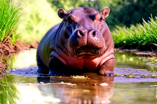 Hippopotamus, cute face, chubby body, short legs, water splashes, riverbank scene, green aquatic plants, sunny day, warm lighting, 3/4 composition, shallow depth of field, soft focus, pastel color ton