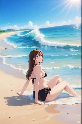 a photography full body of a caucasian girl, brown hair, blue eyes, wearing a black bikini, she is sitting in a beach whit the waves of the sea coming and covering his feet at morning in a beautiful b