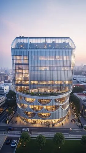 A magnificent building towering above the bustling streets of an urban neighborhood. This architectural marvel features sleek, modern lines and a facade adorned with expansive glass panels that reflec