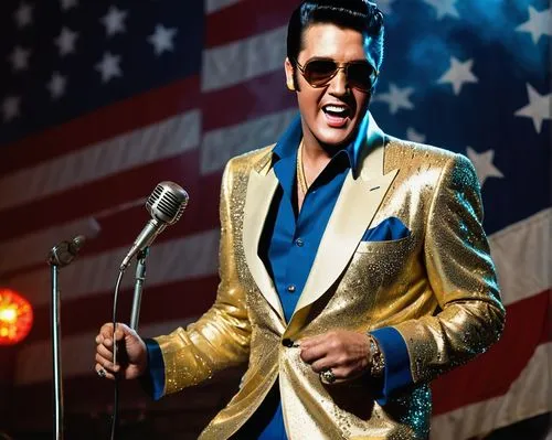 Elvis Presley, tattooed, 40s, charismatic smile, slicked back hair, iconic sunglasses, gold lamé suit, flashy jewelry, muscular chest, tight waist, blue suede shoes, standing, microphone, American fla