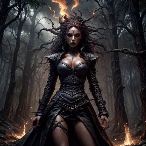 realistic Lightning fire, smoke, Epic Scene with a  voodoo woman ,glowing, misty, uhd photorealisitc authentic psychotic angry madman wearing Dark  outfit and intricate gothic  makeup,do something at 