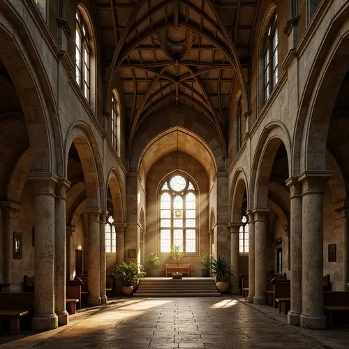 Rustic Romanesque church, weathered stone fa\u00e7ade, intricately carved ornate details, textured surfaces, rough-hewn granite columns, vaulted ceilings, grandiose archways, stained glass windows, wa