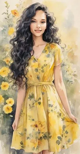 girl in flowers,watercolor background,flower painting,watercolor women accessory,watercolor painting,watercolor floral background,photo painting,sunflower lace background,yellow background,summer jasmine,yellow rose background,beautiful girl with flowers,springtime background,watercolor paint,flower background,yellow daisies,floral dress,world digital painting,oil painting,vietnamese woman,Digital Art,Watercolor