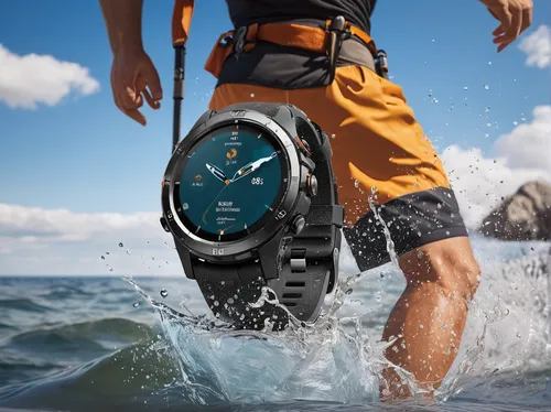 Illustrate the benefits of a waterproof smartwatch for adventurers exploring the great outdoors.,garmin,fishing reel,smartwatch,men's watch,aquanaut,kite boarder wallpaper,personal water craft,surface