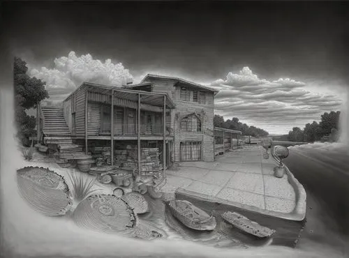 wooden houses,bicycle path,post-apocalyptic landscape,camera illustration,game illustration,bike land,escher village,sci fiction illustration,concept art,bicycle ride,artistic cycling,fisherman's hous