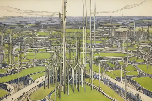 radio masts,aerial landscape,metropolis,yamada's rice fields,year of construction 1972-1980,industrial landscape,telecommunications masts,urban development,matruschka,futuristic landscape,masts,skyscraper town,suburb,refinery,suburbs,urbanization,cities,verdun,cell tower,rice paddies,Illustration,Retro,Retro 05