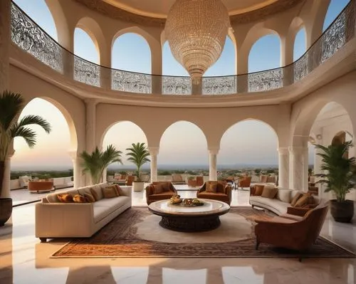 Nader Khalili inspired architecture, modern villa, white marble exterior, large glass windows, curved lines, minimalist decoration, luxurious interior, high ceiling, grand chandelier, lavish furniture