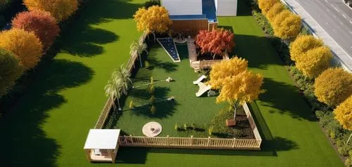 simply render please,an aerial view of a small backyard and house,miniland,artificial grass,landscape designers sydney,landscape design sydney,golf lawn,mini golf course,Photography,General,Natural