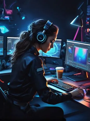 girl at the computer,music background,music workstation,dj,lan,monitors,music producer,streaming,audio engineer,cyberpunk,musical background,gamer,desktop,stream,gaming,creative background,working space,art background,computer workstation,desk top,Photography,Fashion Photography,Fashion Photography 11