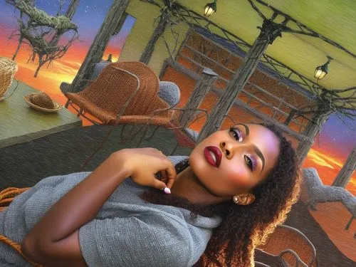 Beautiful nigerian girl, full dark curly hair, big dark almond eyes, full red lips, misty sky,a woman holding a cigarette with her left hand near the mouth,ledisi,oumou,monifa,azealia,nnenna,eshun,Ill