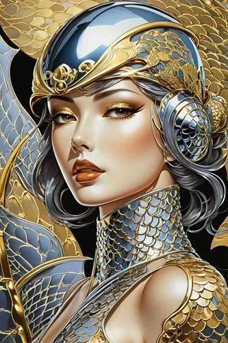 viveros,gold filigree,gold foil mermaid,goldwind,fantasy art,gold foil art,gold paint stroke,athena,oriental princess,sirene,female warrior,golden mask,mervat,goldmoon,custodes,fantasy woman,golden dragon,valkyrie,sigyn,gold lacquer,Illustration,Retro,Retro 13