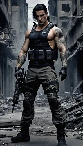 Muscular Orca ninja, Rambo-style, solo, aggressive facial expression, intense gaze, black hair tied back, scar above left eyebrow, tribal tattoos on arms and chest, camouflage pants, combat boots, amm