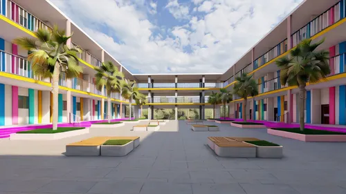 school design,colorful facade,courtyard,dormitory,3d rendering,hotel riviera,inside courtyard,elementary school,north american fraternity and sorority housing,ghana ghs,hotel complex,shenzhen vocation