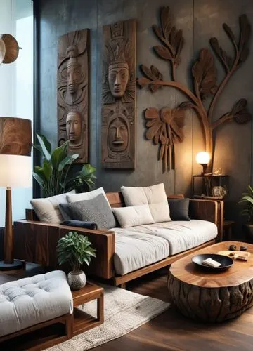 The dimensions and placement of the furniture in the room will remain constant. Large relief sculptures on the wall add a strong ethnic atmosphere to the space. These figures in dark wood or stone app