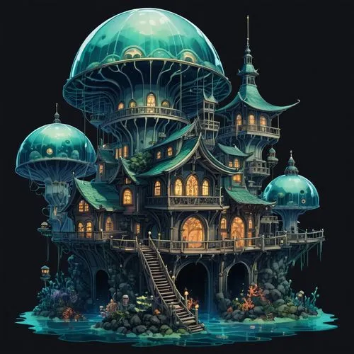 house of the sea,mushroom island,3d fantasy,fantasy city,sea fantasy,fairy tale castle,Illustration,Abstract Fantasy,Abstract Fantasy 11