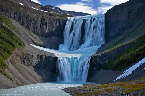 Alpine Awakening<br /> Waterfall and Russell Glacier, Wrangell-St. Elias National Park, AK<br /> Published in Popular Photography, March 2010, 2nd Place, Your Best Shots Contest,glacial melt,water fal