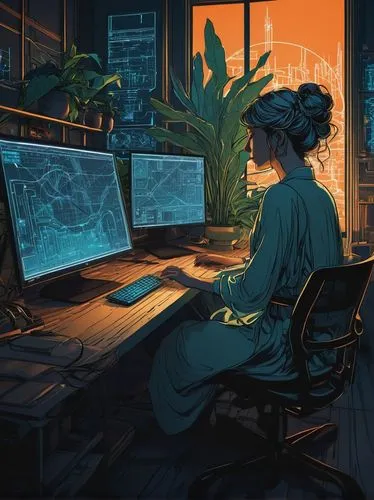 girl at the computer,computer addiction,workspace,computer,computerologist,computer room,girl studying,working space,night administrator,computer graphic,programadora,women in technology,workspaces,man with a computer,freelancer,sci fiction illustration,illustrator,game drawing,game illustration,in a working environment,Illustration,Retro,Retro 03