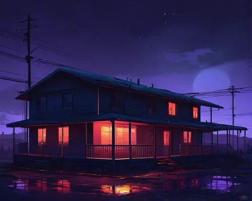 lonely house,motel,houseboat,apartment house,holiday motel,house by the water,little house,nightscape,night scene,purple moon,small house,house silhouette,moonlit night,old home,evening atmosphere,wooden houses,roofs,floating huts,rooftops,docks,Illustration,Japanese style,Japanese Style 09