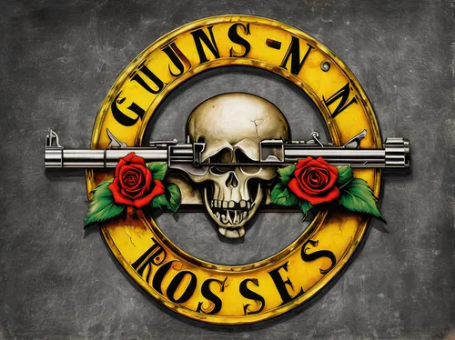 Imagine a Guns N Roses logo that captures the essence of rebellion and rock 'n roll energy.,gunsmith,screw gun,skull and crossbones,old country roses,smith and wesson,guns,skull and cross bones,way of