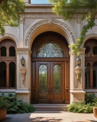 Da Vinci School of Design and Architecture building, Renaissance-style structure, grand entrance with stone columns, intricately carved wooden doors, ornate facade details, large windows with arched t