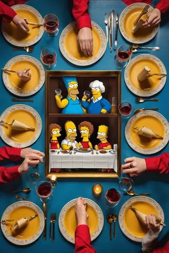 The Simpsons, Last Supper parody, dinner table setting, Marge, Homer, Bart, Lisa, Maggie, yellow skin tone, blue shirts, red dresses, messy hair, exhausted faces, empty plates, wine glasses, candles l