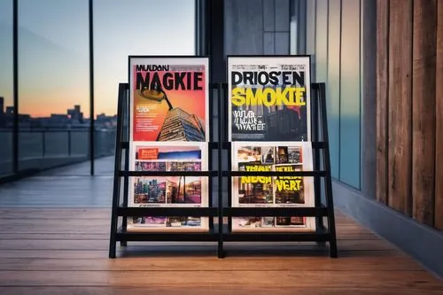 Modern magazine stand, sleek metal frame, glass shelves, minimalist design, urban atmosphere, cityscape background, evening lighting, softbox lights, shallow depth of field, focus on magazine display,