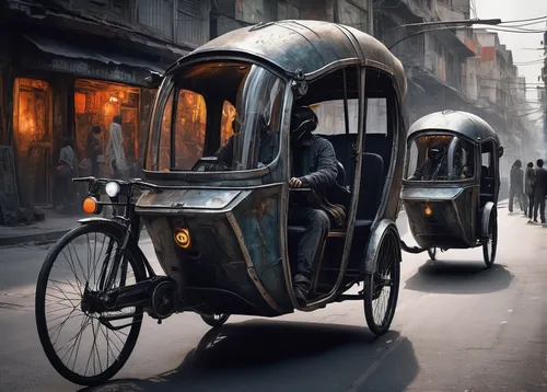 Imagine a futuristic world where rickshaws are powered by advanced AI technology, and write a scene showcasing their capabilities.,rickshaw,mercedes 170s,carriage,benz patent-motorwagen,bicycle traile