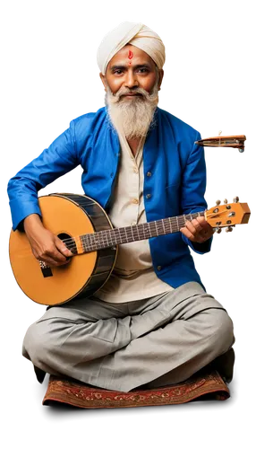 Bhole NATH, Indian classical musician, senior citizen, white beard, turban, traditional clothing, holding tanpura, sitting cross-legged, intimate close-up, warm lighting, shallow depth of field, earth