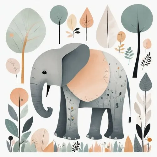 A cute elephant clipart, organic forms, in the style of Jon Klassen, desaturated light and airy pastel color palette, nursery art, white background
,asian elephant,elephant,african elephant,african bu